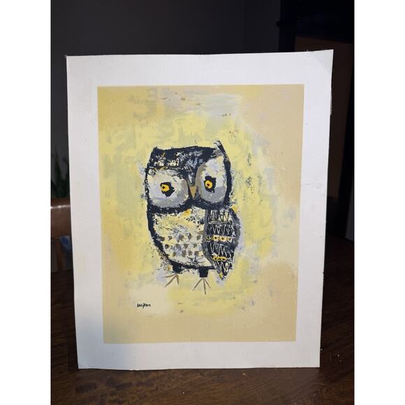 Margaret Layton, Mid Century Print of an Owl Yellow Toned Print of an Owl- Mid 2